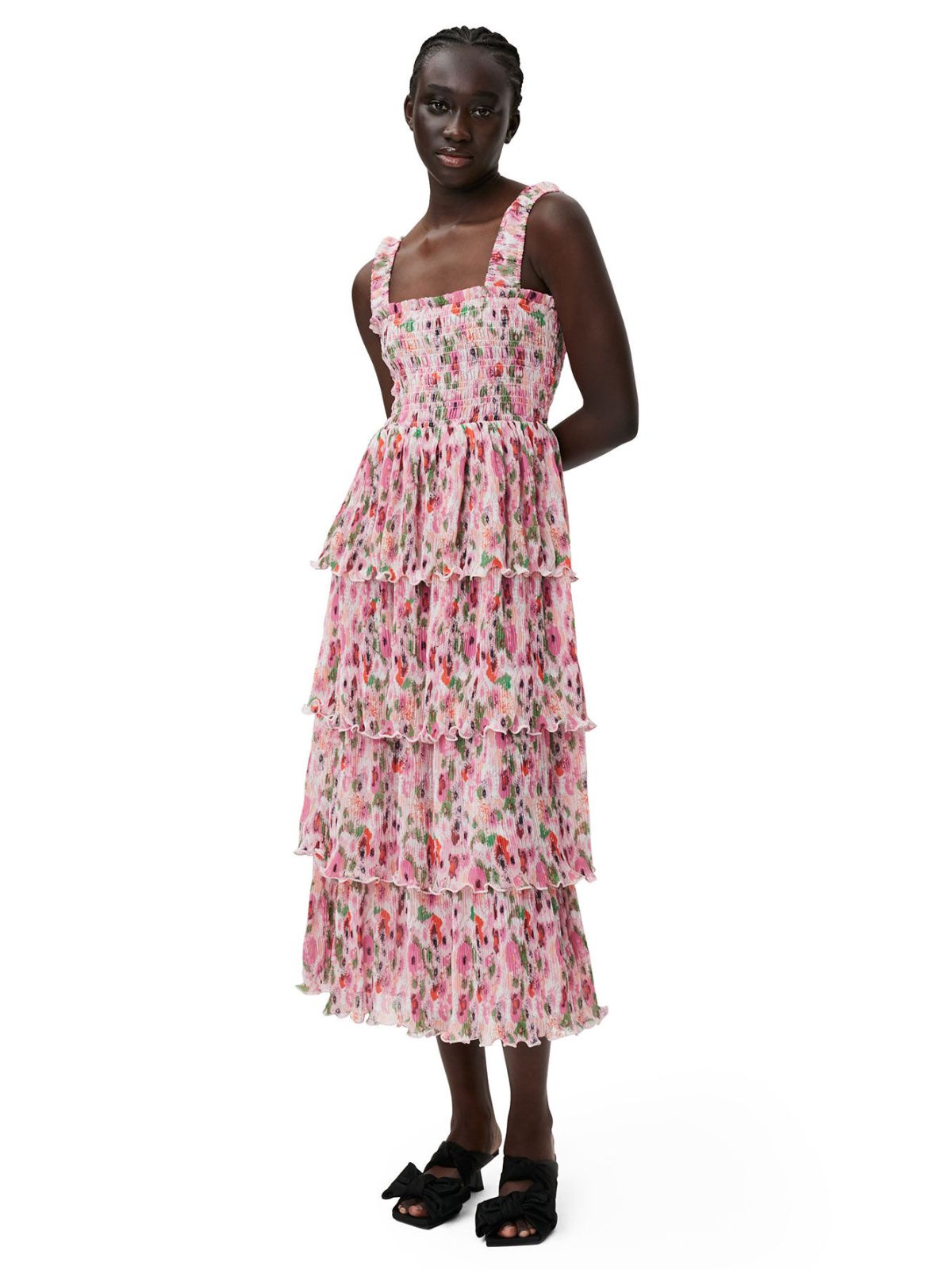 GANNI Floral Print Pleated Georgette Long Sleeve Midi Dress - We Select Dresses