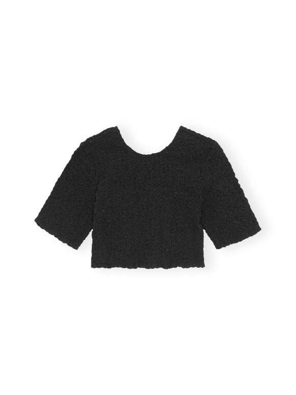 Ganni - Sort crop top med smockeffekt