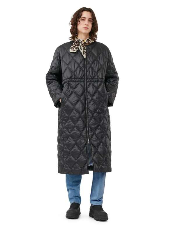 Ganni - BLACK SHINY QUILT LONG FRAKKE