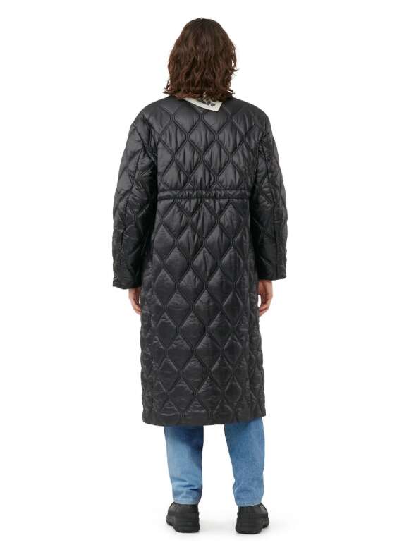 Ganni - BLACK SHINY QUILT LONG FRAKKE