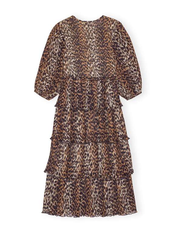 Ganni - LEOPARD GEORGETTE FLOUNCE SMOCK MIDIKJOLE