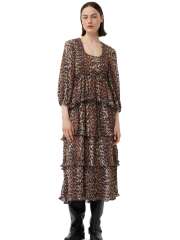 Ganni - LEOPARD GEORGETTE FLOUNCE SMOCK MIDIKJOLE