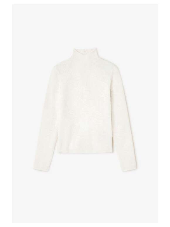 Ganni - Elfenbensfarvet rullekravebluse med gennemsigtigt print