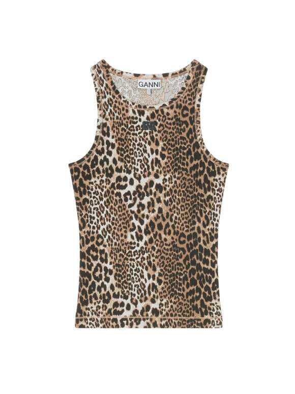 Ganni - Ribbet tank top med leopardprint