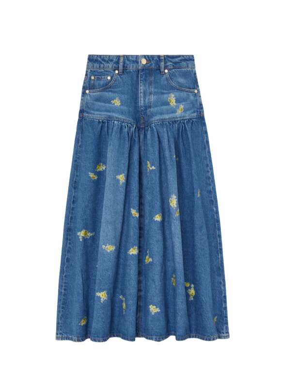 Ganni - Printed flower denim long skirt